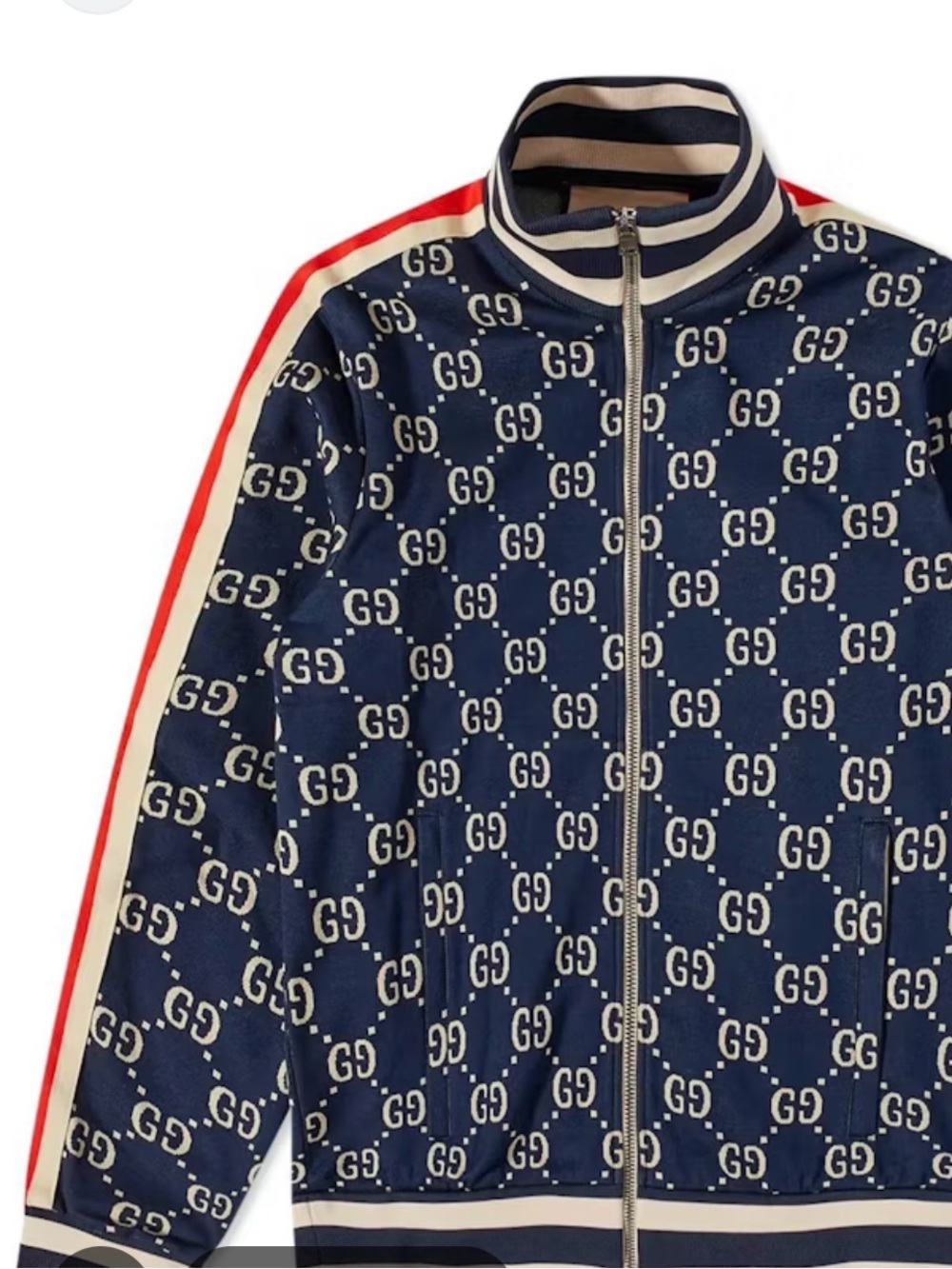 Gucci Navy GG Monogram Bomber Jacket with Red & White Stripes